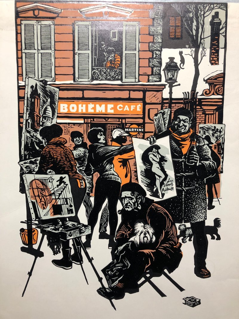 Paris, Montmartre's everyday life, color linocut, George Malakov, 1962 - 海報/掛畫/掛布 - 紙 