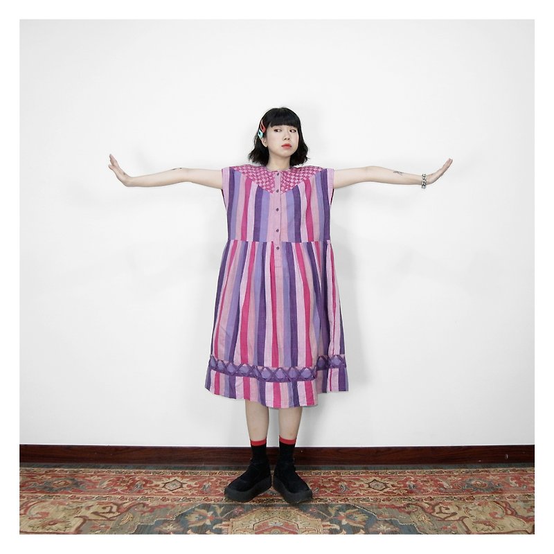 A‧PRANK :DOLLY ::Pink-purple delicate striped hem hem X hollow vintage dress D806042 - One Piece Dresses - Cotton & Hemp Purple