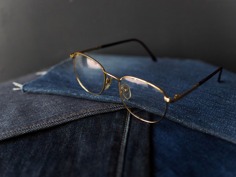 經典圓方框黃金琥珀鏡腳金屬鏡框 古董眼鏡 Japan/glasses - 眼鏡/鏡框 - 貴金屬 金色