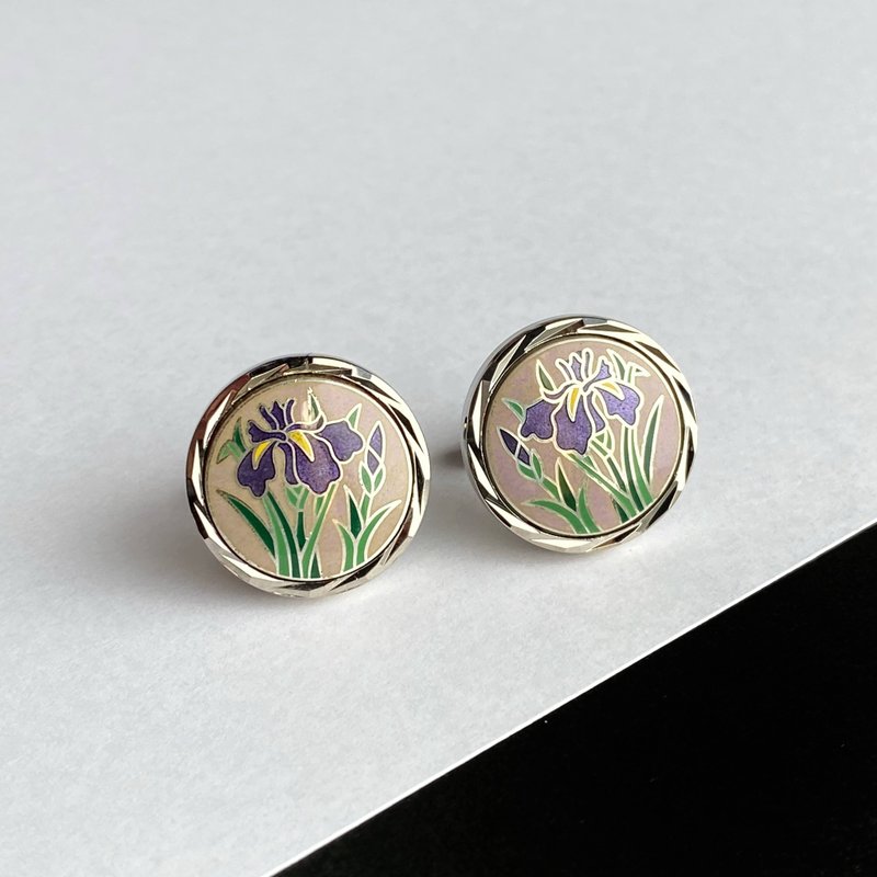 Silver Iris [Lavender] Cloisonne cufflinks (cufflinks) Pure silver metal cloisonne Silver hardware - กระดุมข้อมือ - เงิน สีม่วง