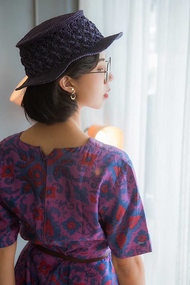 深藍紫立體花紋手工編織圓頂紳士帽 BOATER | vintage莞洱選品 - 帽子 - 環保材質 
