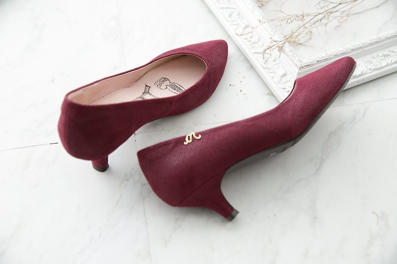 Athena-優雅嫣紫紅-細格絨感尖頭真皮低跟鞋 - 女款休閒鞋 - 真皮 紅色