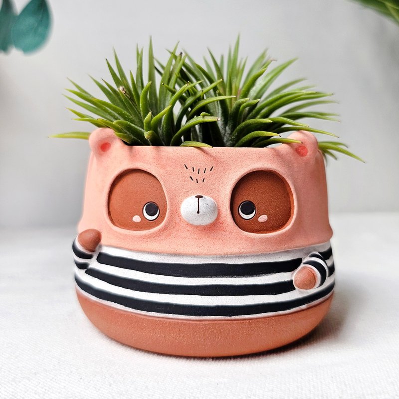 Cute robber bear plant pot. Handmade terracotta planter. - 盆栽/植栽 - 陶 