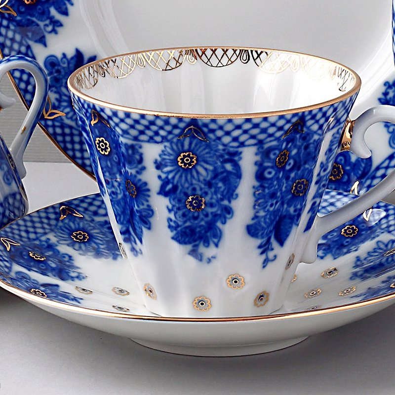 花籃盛景-22K金手工三件式杯盤禮組 - 咖啡杯/馬克杯 - 瓷 藍色