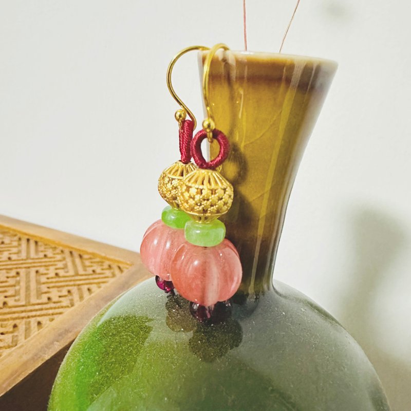 鹿鳴原創 手工編制西瓜晶南瓜珠耳飾 耳環 母親節 - 耳環/耳夾/耳骨夾 - 水晶 