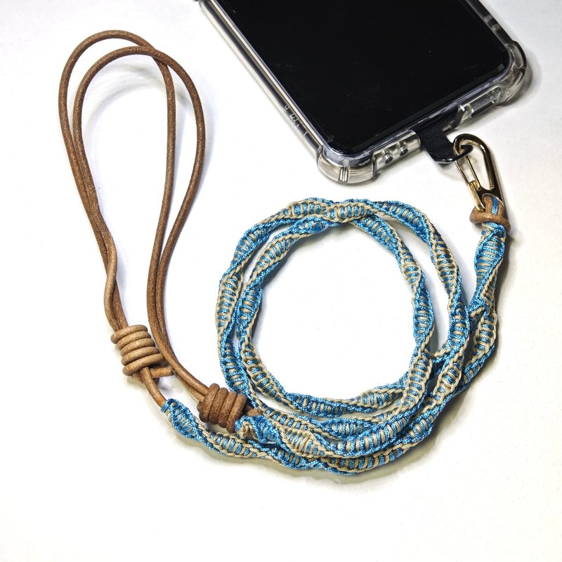 Ocean blue with khaki mobile rope, adjustable neck/rope dual-use-3 - เชือก/สายคล้อง - หนังแท้ สีน้ำเงิน