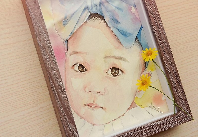 ぶち羊-手描きの赤ちゃんの肖像画カスタムペインティング/ 1歳のメモリアルギフト/水彩/ポストカードサイズ（フレーム付き） - 似顔絵 - 紙 ホワイト