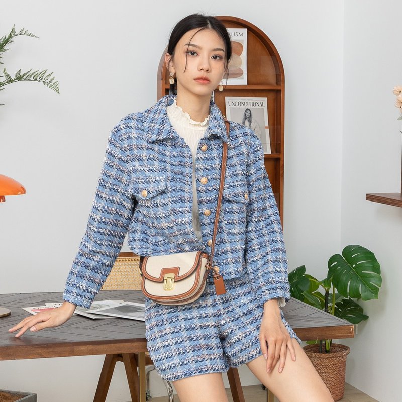 【MEDUSA】Light Blue Tessel Detail Tweed Chanel-style Jacket - Women's Blazers & Trench Coats - Polyester Blue