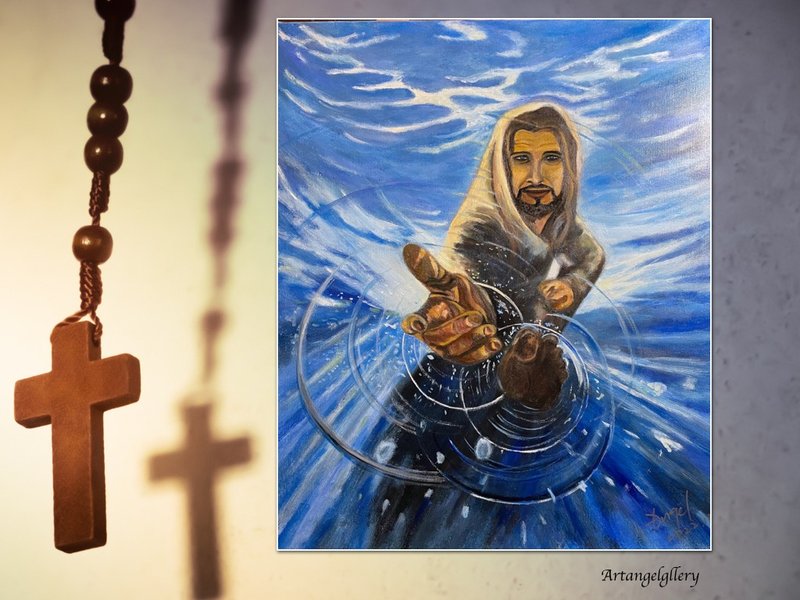 Angel Gallery/Handmade oil painting/Focus on Jesus walking on the water/Take courage It is I - โปสเตอร์ - ผ้าฝ้าย/ผ้าลินิน สีน้ำเงิน