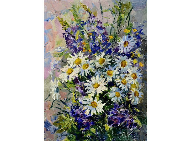 Daisy Painting Flower Original Art Bouquet Artwork 油畫原作 Floral Impressionism - Posters - Wood Multicolor