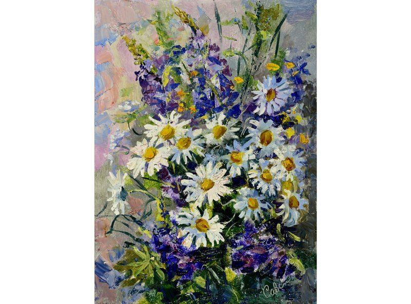 Daisy Painting Flower Original Art Bouquet Artwork 油畫原作 Floral Impressionism - โปสเตอร์ - ไม้ หลากหลายสี