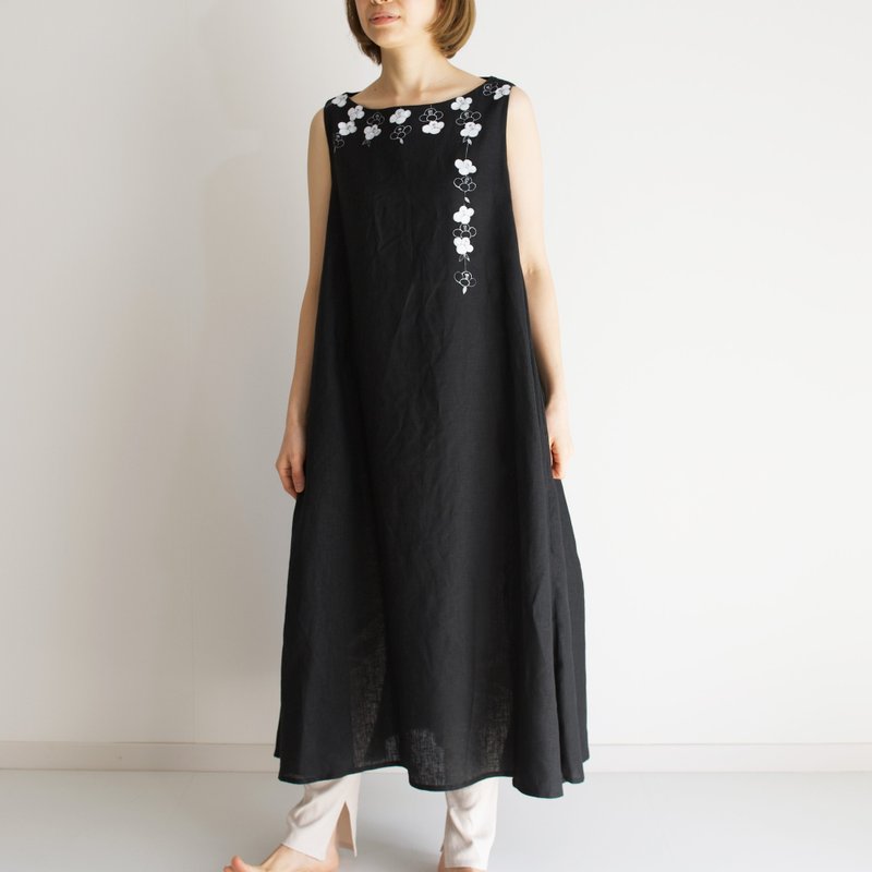 ロングワンピース　黒　椿 - 洋裝/連身裙 - 棉．麻 黑色