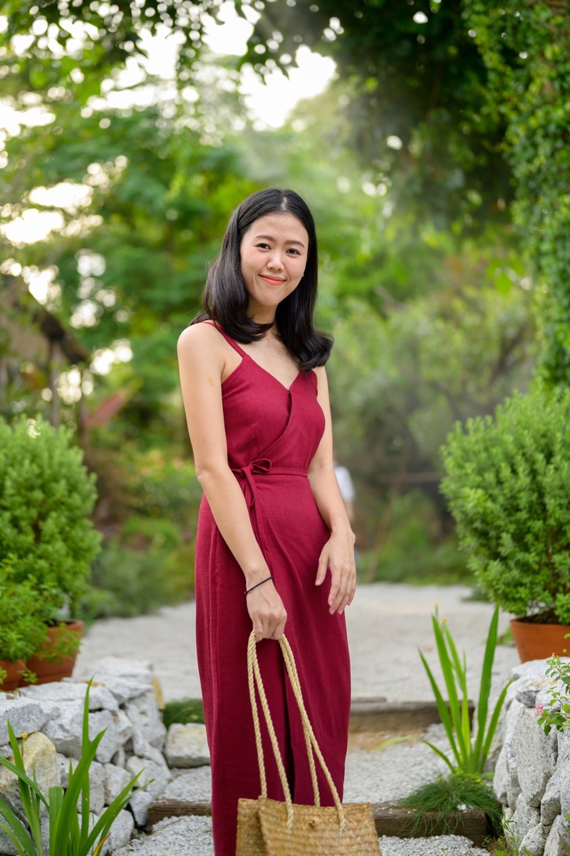 Hemp wrap dress - Red - 洋裝/連身裙 - 其他材質 紅色
