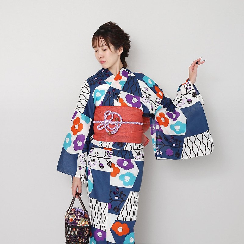 日本 和服 日本染色 梭織 女性 浴衣 腰封 2件組 F x63-3 yukata - 其他 - 棉．麻 藍色