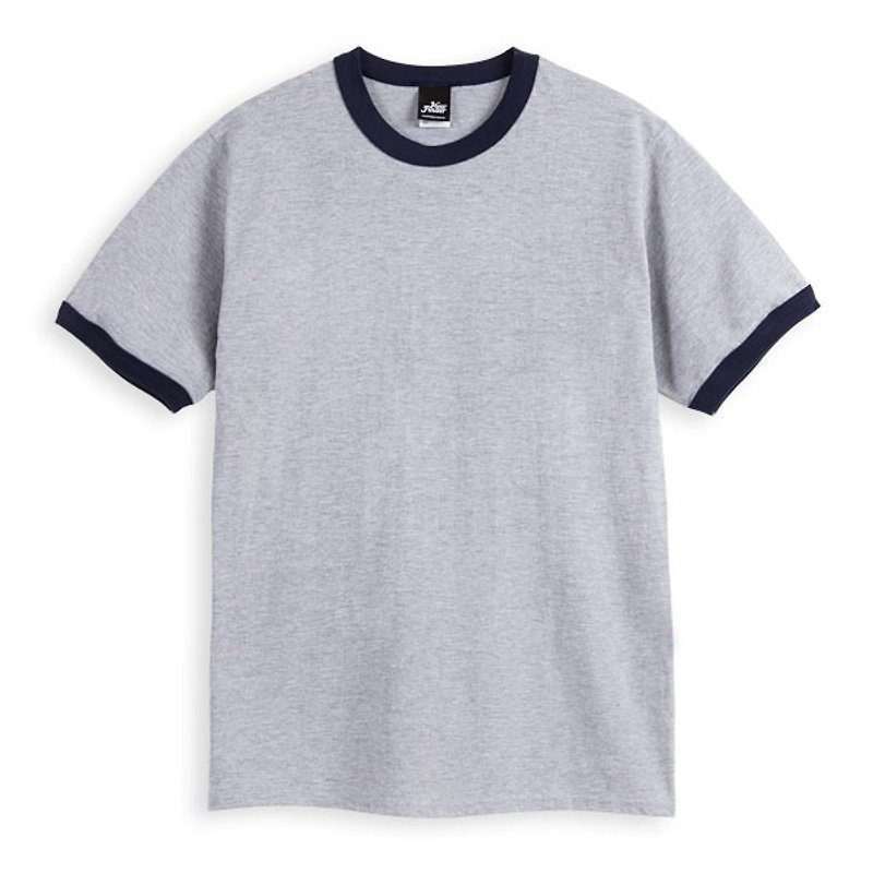 Trim short-sleeved T-shirt - dark blue Linen gray - เสื้อยืดผู้ชาย - ผ้าฝ้าย/ผ้าลินิน 