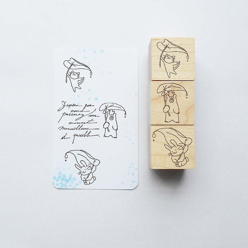 Bear with leaf umbrella, rabbit, cat, set of 3 - Stamps & Stamp Pads - Wood 