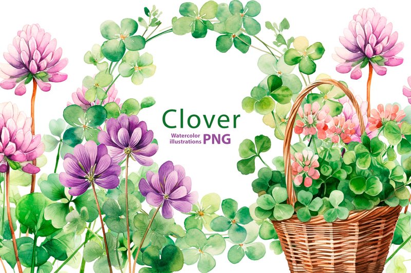 Watercolor clover clipart set, 10 Png, natural style Clipart, forest flowers - 電子喜帖/賀卡/邀請函 - 其他材質 