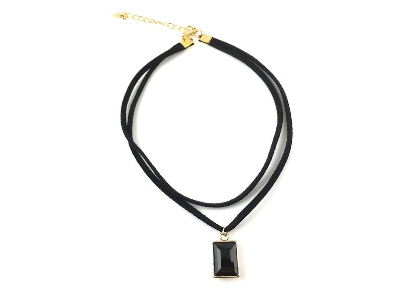 Double black square crystal necklace - สร้อยคอ - หนังแท้ สีดำ