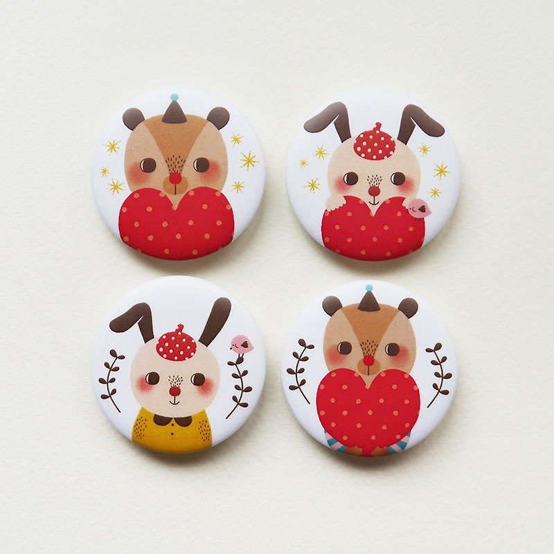 Bear And Rabbit Hug Love - 1.75" (44mm) Button Badges or Magnets - Happy Pinning - เข็มกลัด - พลาสติก สีแดง