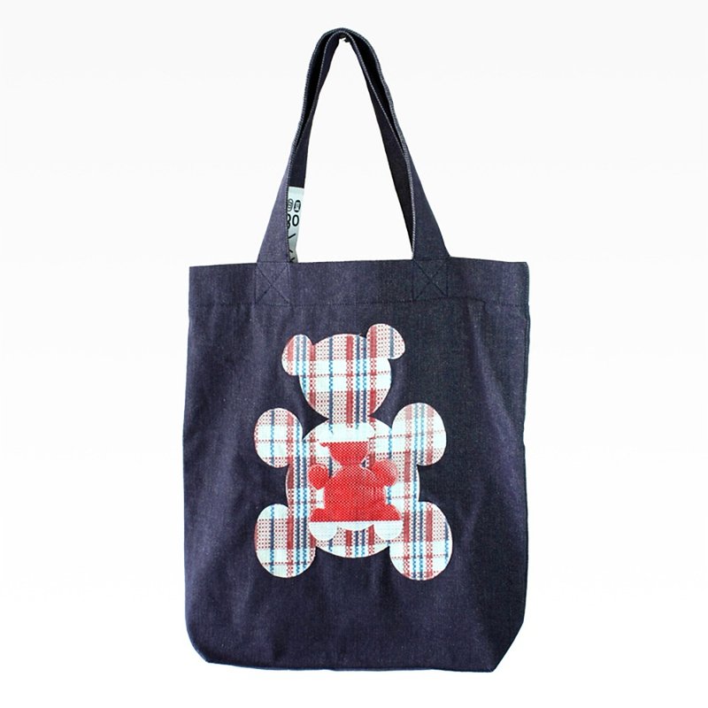 紅白藍330 X 又一山人 - 熊白藍牛仔布袋 D (孭仔熊) 格仔 - 側背包/斜背包 - 其他材質 