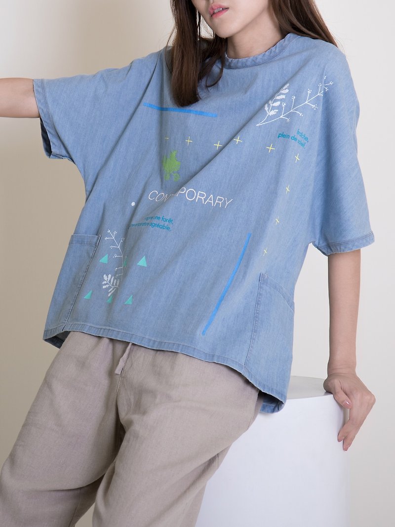 デニムショートダブルポケットT - Tシャツ - コットン・麻 ブルー