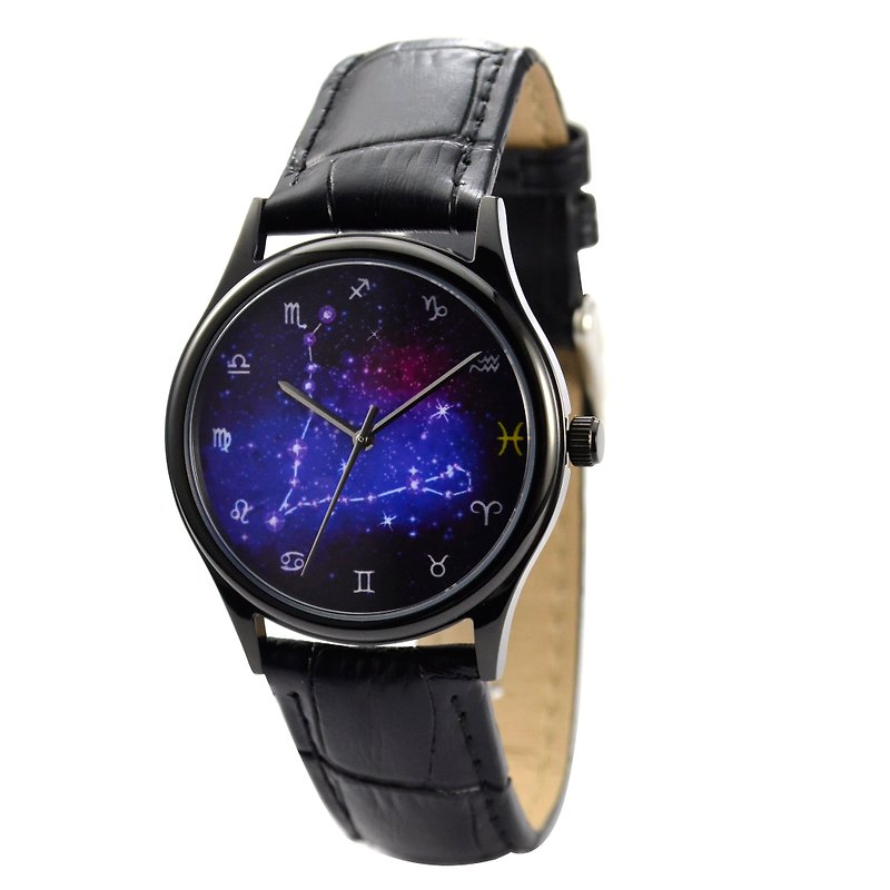 12星座時計（うお座）全世界送料無料 - 腕時計 ユニセックス - ステンレススチール ブラック