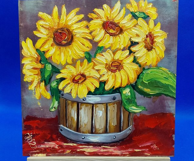 ひまわり。花の花束。夏の静物画 オリジナル油絵 ウォールアート