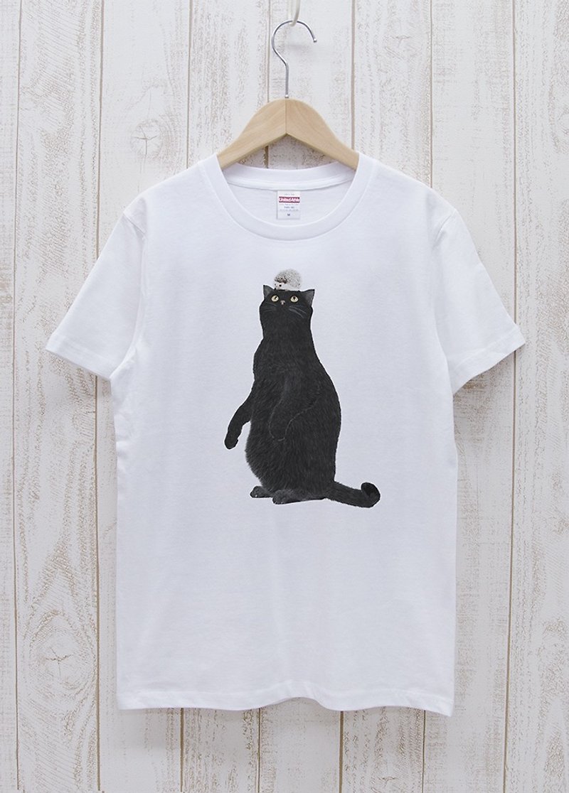 Black Cat Tee Hedgehog White / R019-T-WH - เสื้อยืดผู้หญิง - ผ้าฝ้าย/ผ้าลินิน ขาว