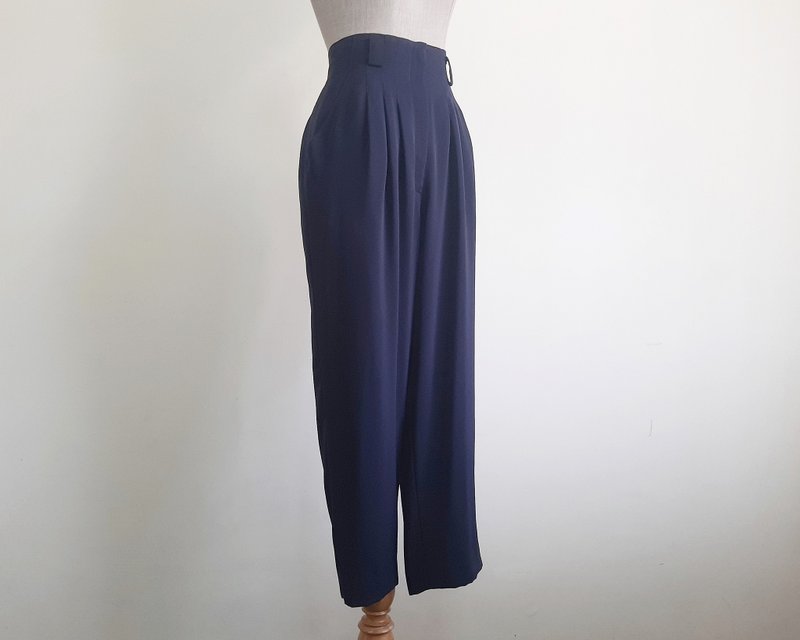 26 Waist Vintage KOOS Navy Blue Pleated Pants Womens High Waisted Trousers Small - 男長褲/休閒褲 - 聚酯纖維 藍色