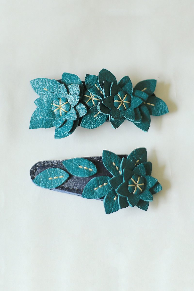 Genuine Leather Series | Original Design, Entirely Hand-Stitched | Flower | Hairpin, Hair Accessory | - Hair Accessories - Genuine Leather Blue