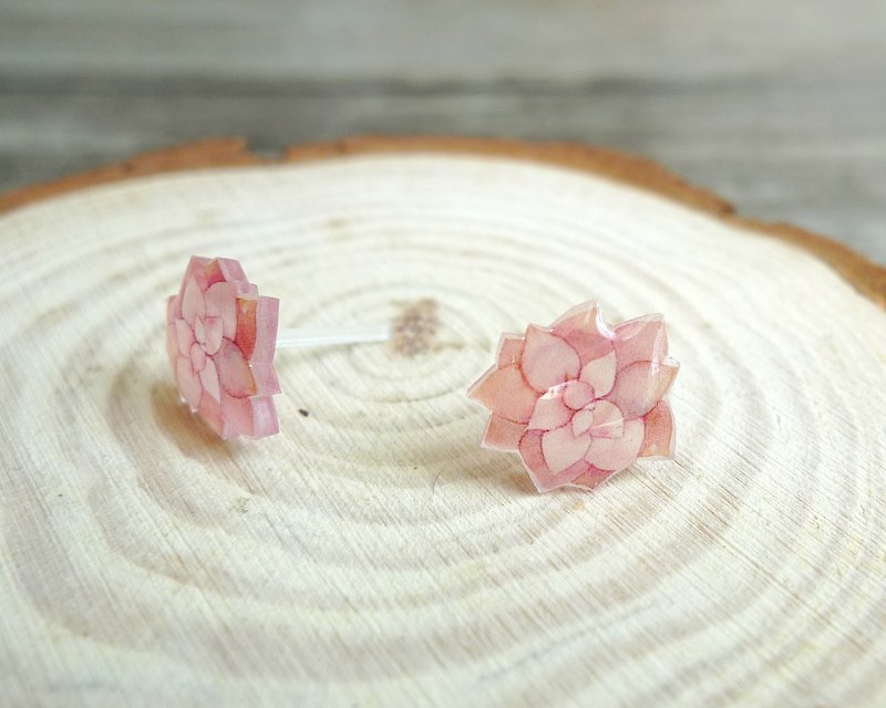 Misssheep- [Pink Flap Flower] Watercolor Hand Style Flower Hand Earrings (Ear Needle / Rotatable Ear Clip) [One Pair] - ต่างหู - พลาสติก สึชมพู