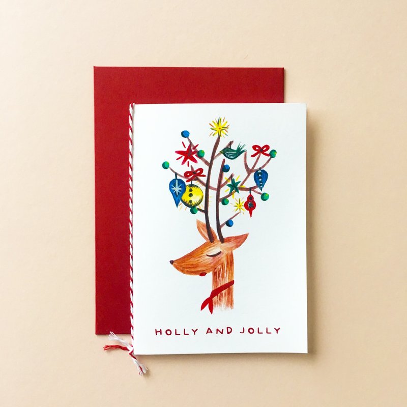 Holly and Jolly Deer Christmas Card - 卡片/明信片 - 紙 多色