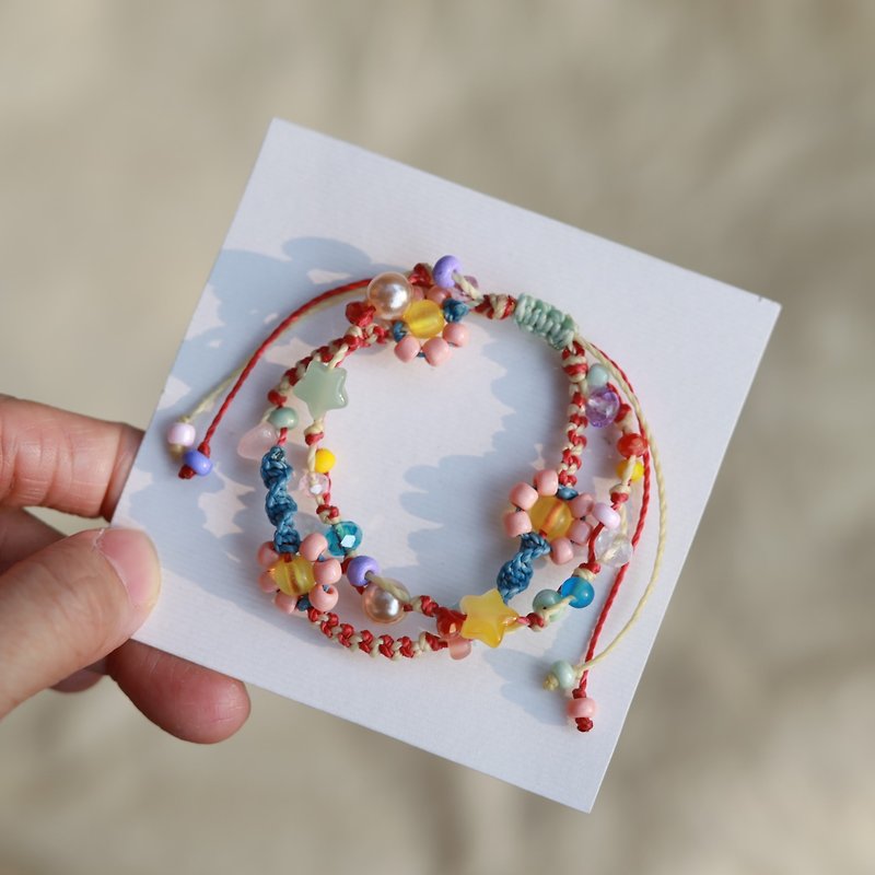 Colorful flower star crystal woven waxed cord double layered bracelet - 手鍊/手鐲 - 繡線 多色