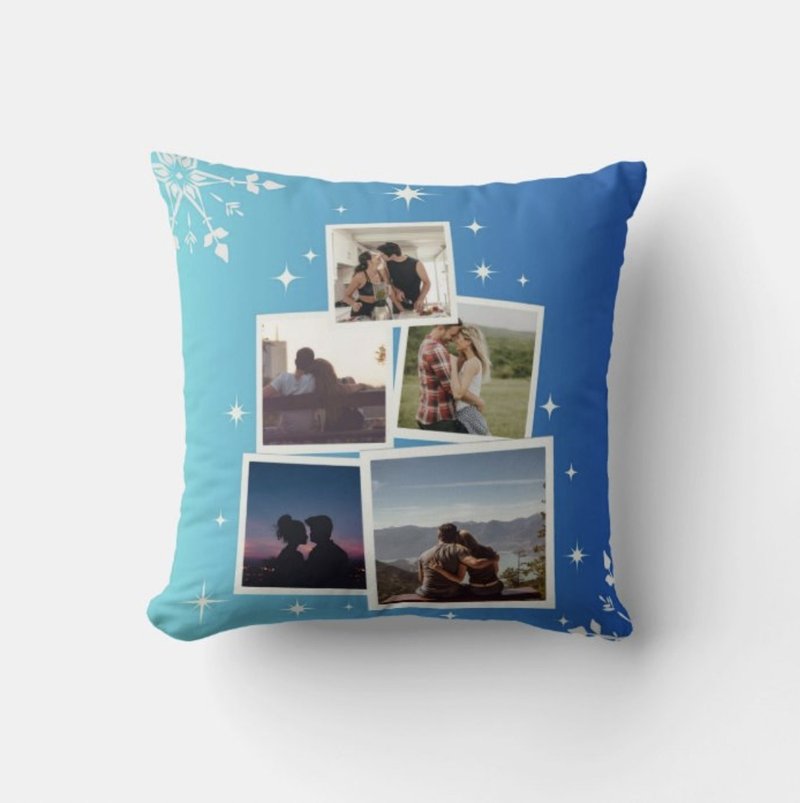 [Christmas Gift] Christmas tree blue pillow, customized 5-frame photo collage, personalized gift - หมอน - เส้นใยสังเคราะห์ สีน้ำเงิน