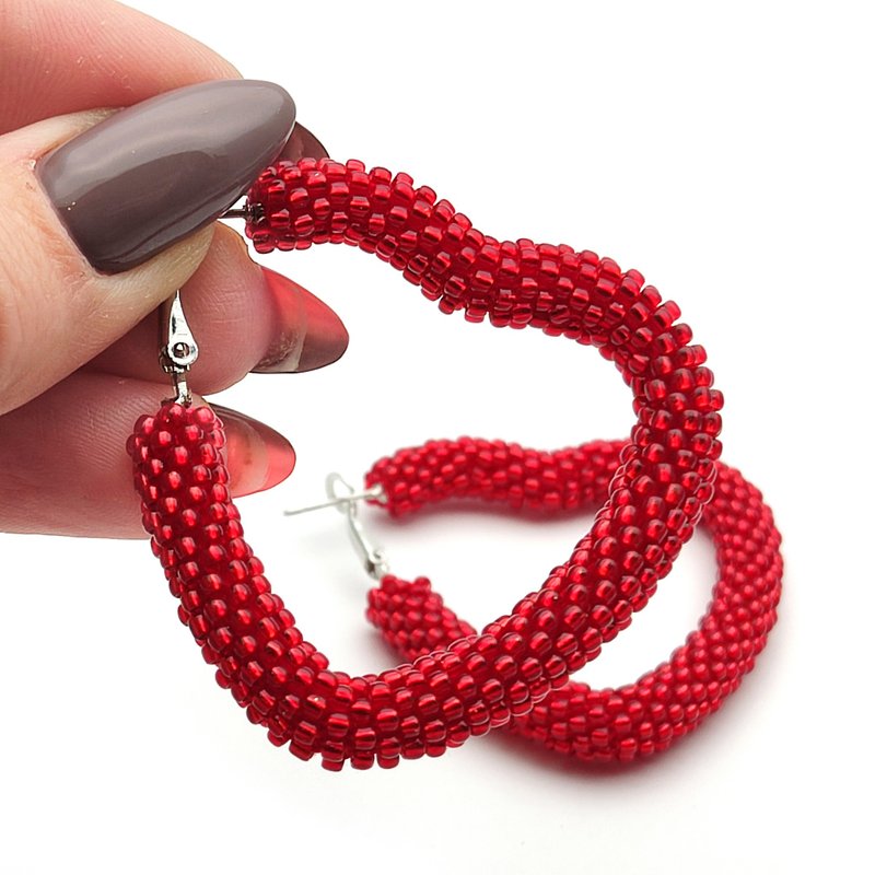 DIY手作耳環材料包, Bead crochet kit hoop earrings, Bead hoop earrings, 手工串珠編織耳環 - 編織/刺繡/羊毛氈/縫紉 - 玻璃 紅色