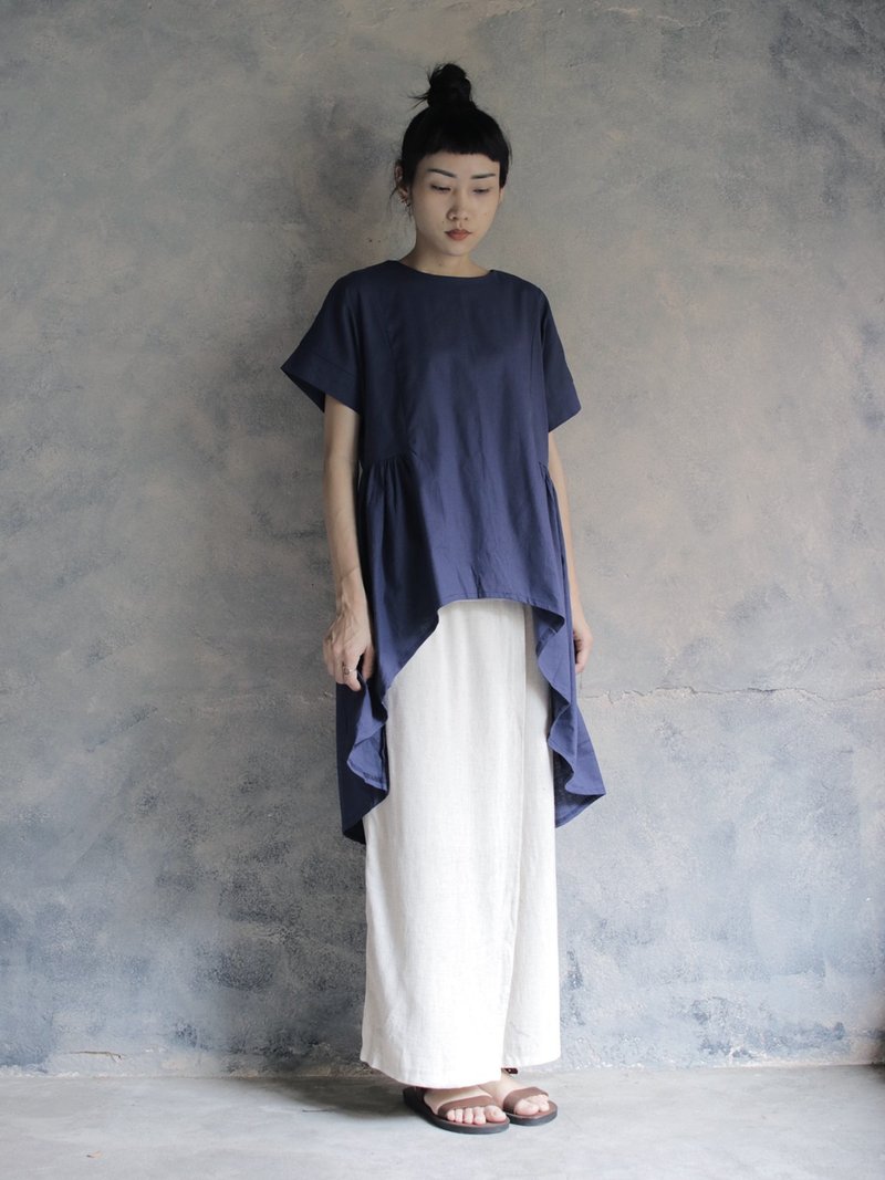 前短後長高腰抓皺洋裝上衣 丈青 - 女上衣/長袖上衣 - 棉．麻 藍色