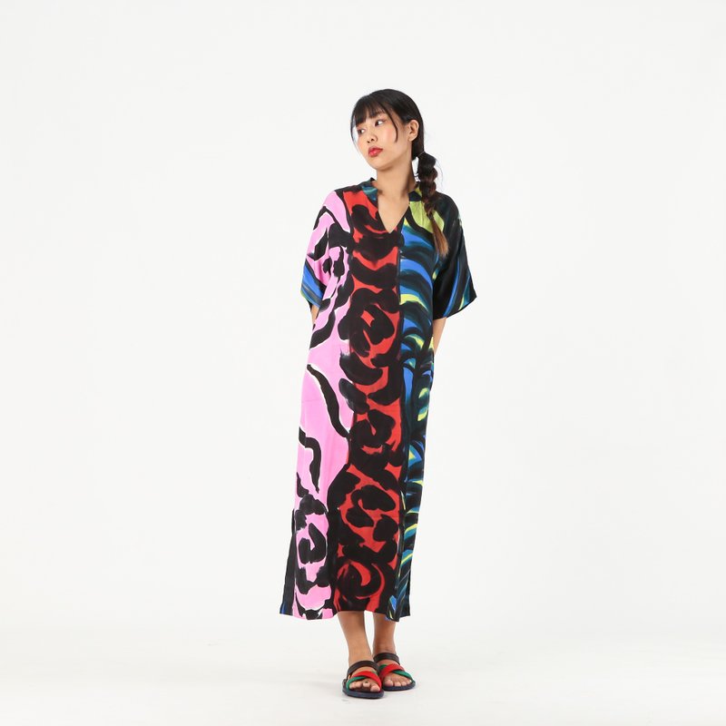 Kaftan Linen V Nack Hand Paint Free Size - 洋裝/連身裙 - 亞麻 藍色