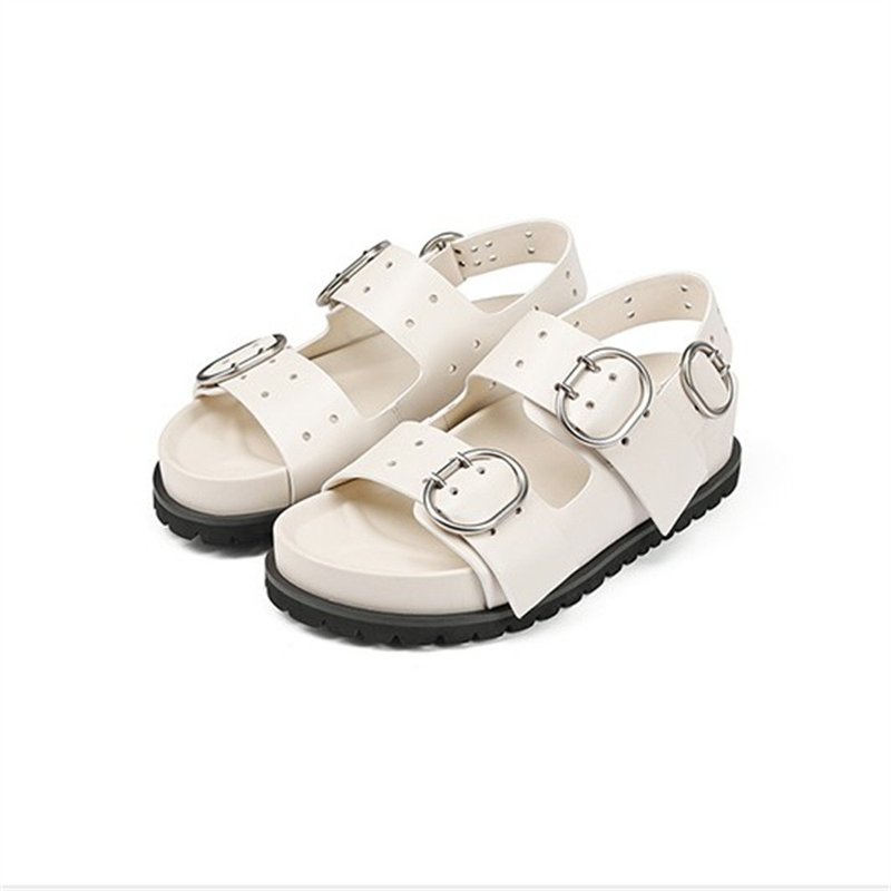 Off-white wide-edge thick-soled sandals Birkenstock toe-capped cowhide slippers 35-39 - รองเท้ารัดส้น - หนังแท้ ขาว