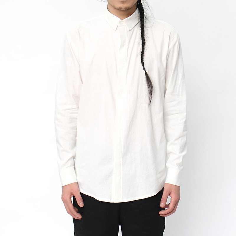 JANWONG basic models Japanese standard version of high-quality cotton long-sleeved Linen shirt - เสื้อเชิ้ตผู้ชาย - ผ้าฝ้าย/ผ้าลินิน สีดำ