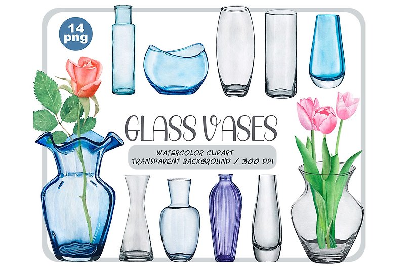 Watercolor glass vases clipart set - Flower vases PNG - วาดภาพ/ศิลปะการเขียน - วัสดุอื่นๆ สีเทา