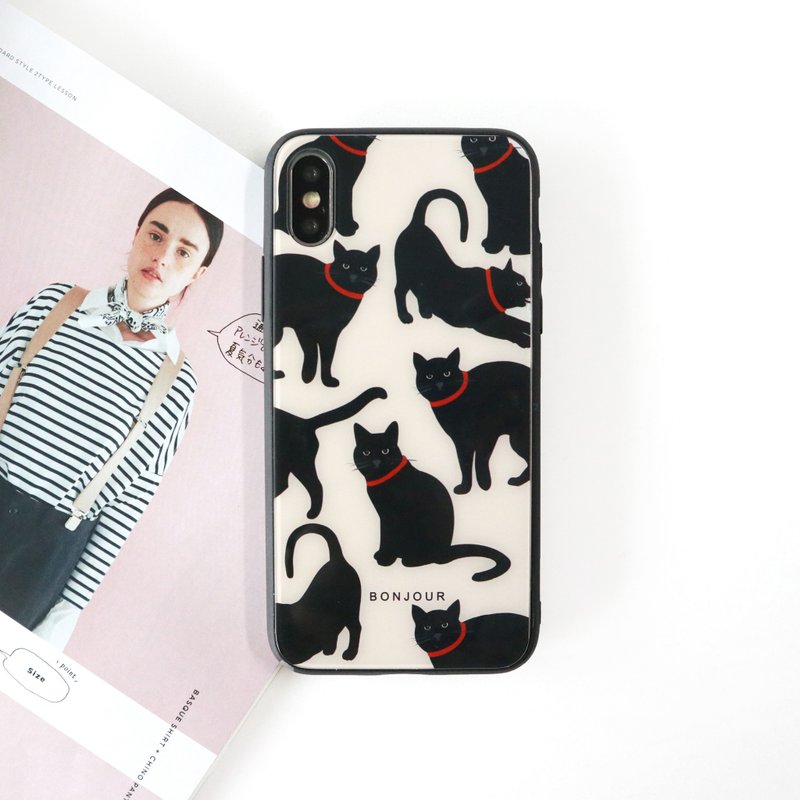 Little black cat glass phone case - เคส/ซองมือถือ - พลาสติก สีดำ