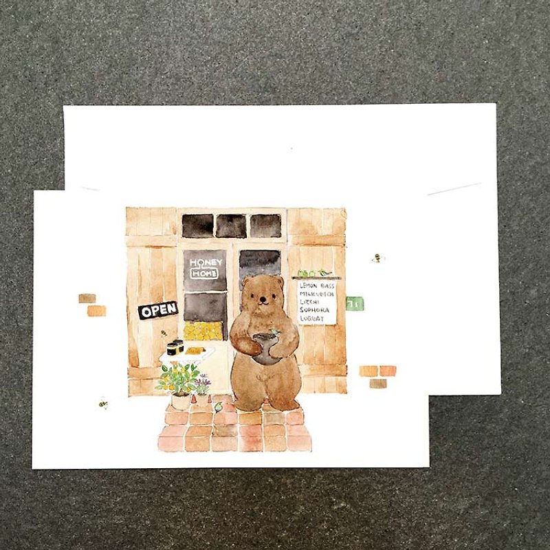 Bear Honey Watercolor Postcard at Animal Shop Street - การ์ด/โปสการ์ด - กระดาษ 