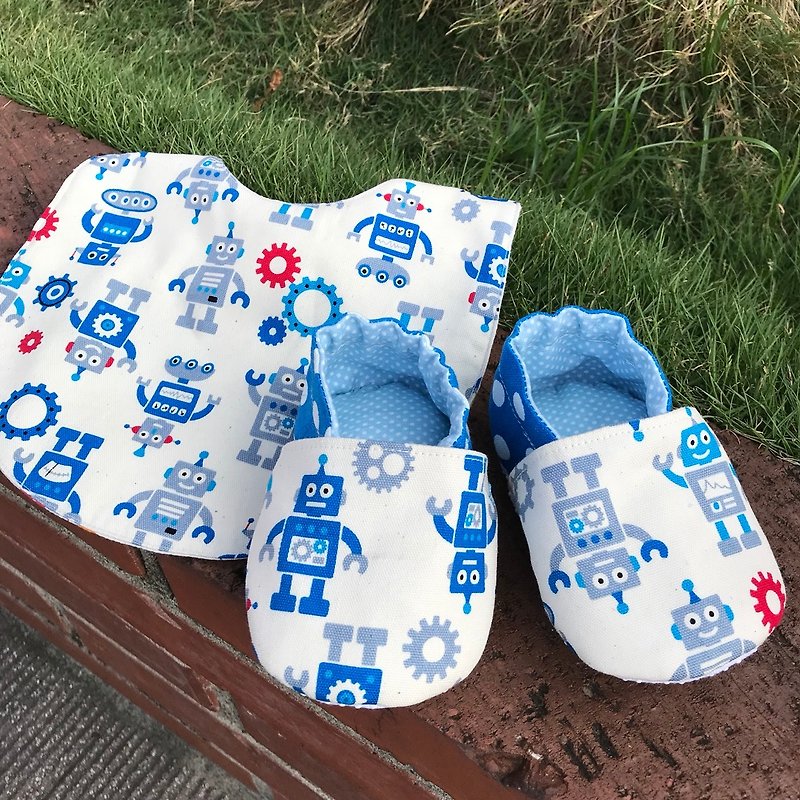 ロボットムーンギフトボックス - 幼児靴+デュプレックスビブ - 出産祝い用贈物 - コットン・麻 ブルー