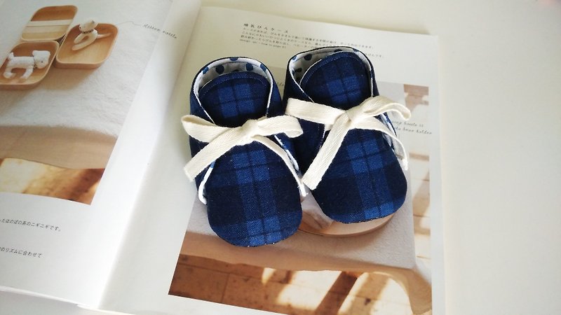 Dark blue lattice baby shoes baby shoes 11-12 - Bibs - Cotton & Hemp Blue