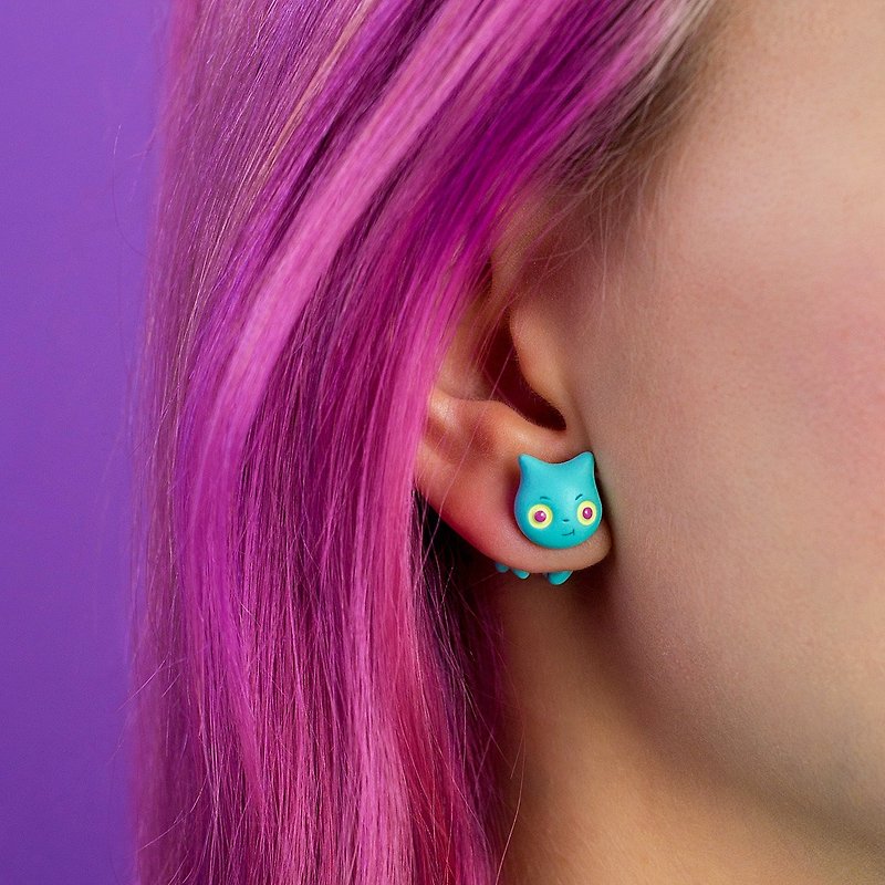 Cat Earrings - Polymer Clay Cat Earrinngs, Fake Gauge / Fake Plug - ต่างหู - ดินเหนียว หลากหลายสี