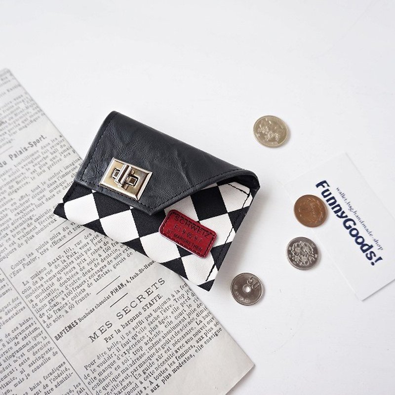 Checkered flag adult coin case 【monotone】 - กระเป๋าใส่เหรียญ - ผ้าฝ้าย/ผ้าลินิน สีดำ