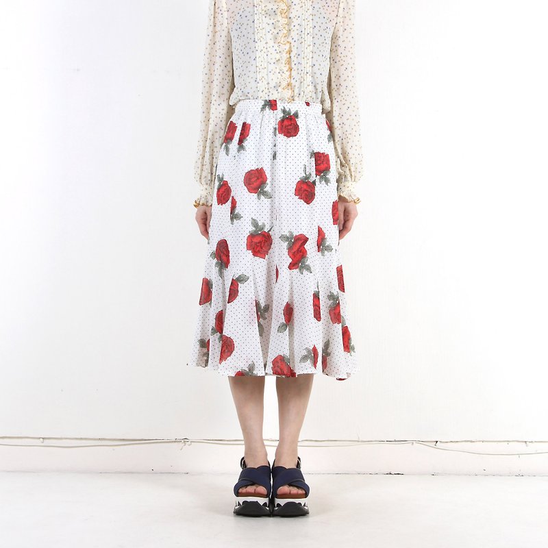 [Egg Plant Vintage] Lady Rose Printed Fishtail Dress - Skirts - Polyester White