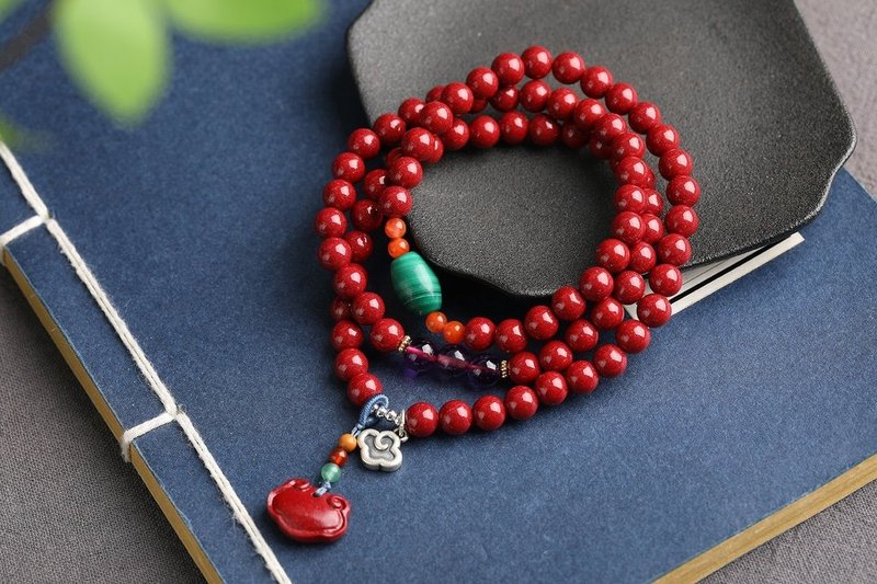 Natural cinnabar fine purple gold sand three-circle bracelet beads 6MM cinnabar content 95% - สร้อยข้อมือ - เครื่องเพชรพลอย 