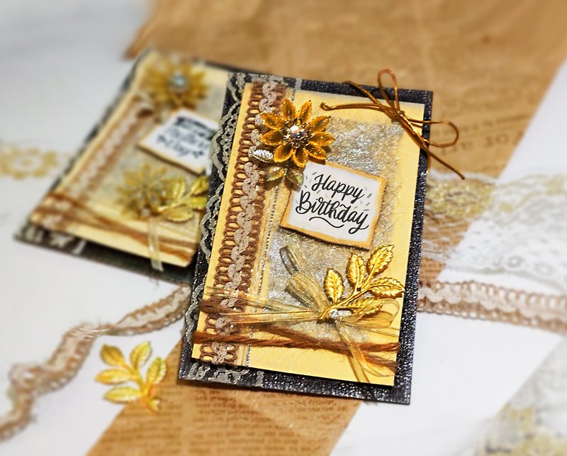 復古金花朵雜貨風 手工卡片 禮盒 (生日禮物、情人卡) - 卡片/明信片 - 植物．花 金色