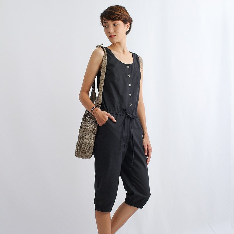 Cotton Linen Jumpsuit, Black - 吊帶褲/連身褲 - 棉．麻 黑色